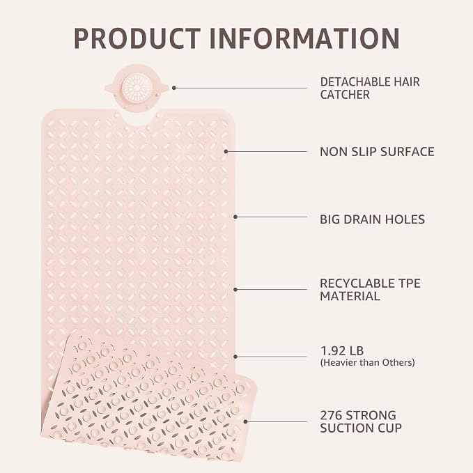 OTHWAY Bath Mat for Tub Non Slip: 39" X 17" Long Bathtub Mat with Hair Catcher│Big Drain Holes Shower Mats for Inside Shower│Machine Washable (Pink)
