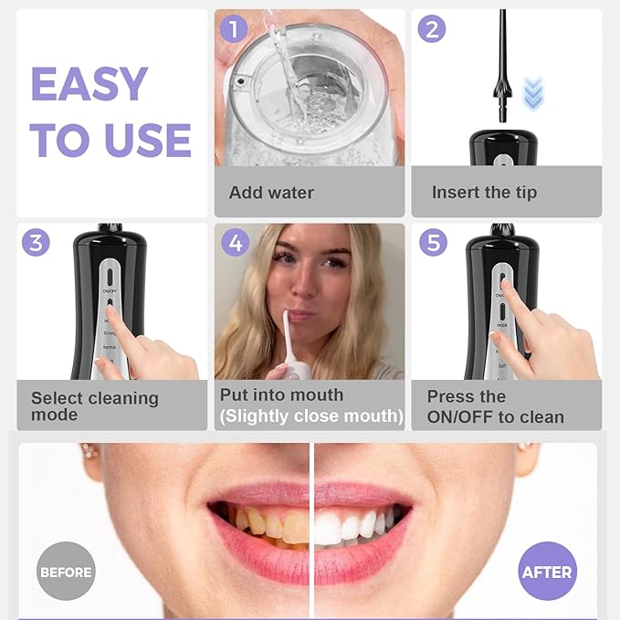 350ML Water Dental Flosser Teeth Pick with Travel Bag, 5 Modes Portable Cordless Oral Irrigator Cleaner, Electric Rechargeable IPX7 Waterproof for Home Travel Teeth Cleaning flossing(Black)