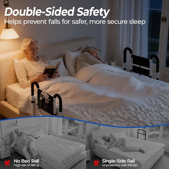 KingPavonini Dual Side Bed Rails for Seniors, 350 LBS Capacity, Model BM10 | ASTM-Approved Bed Rails for Elderly Adults Safety, Dual U-Handles & 4-Bar Anti-Tip, Storage Bag, Tool-Free, Fits Twin to King