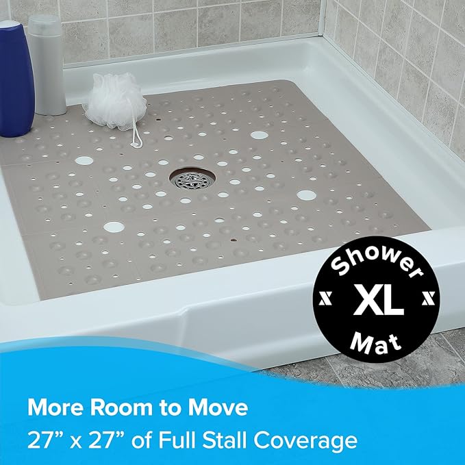 SlipX Solutions 27" Oversize Square Shower Mat, Non-Slip Mat for Elderly & Kids, 100+ Power Grip Suction Cups for Smooth Surfaces, Machine Washable, Solid Tan