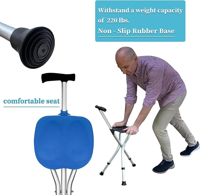 Portable Adjustable Folding Walking Cane with Seat Allows Durability While Walking and Convenience for Sitting, Alloy Crutch Chair, Anti-Slip Lightweight Walking Stick for Seniors