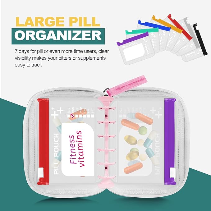 A7 Waterproof Pill Organizer with 7 PCS L Size Zippered Pill Pouches for A7 Binder, Large BPA-Free Weekly Medicine Organizer, Color-Coded Reusable Travel Pill Storage System
