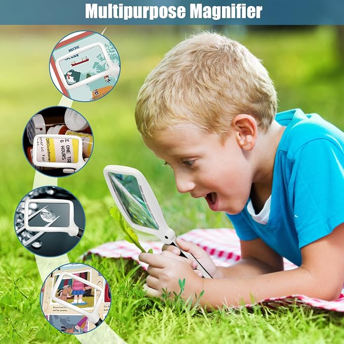 Folding Handheld Magnifying Glass with Light, 3X Large Rectangle Reading Magnifier, Dimmable for Seniors with Macular Degeneration, Newspaper, Books, Small Print, Lighted for Low Visions White Black