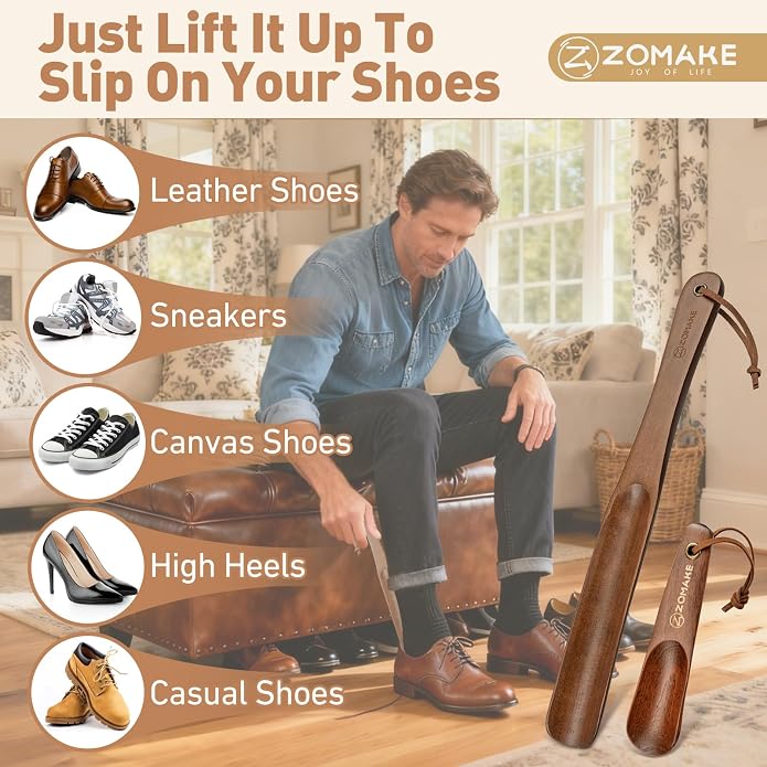 ZOMAKE Wooden Shoe Horn Long Handle for Men Women 15.7" 13.8" | Long Shoehorn Boot Horn for Seniors, Sturdy Wooden, Shoes Protection, No Bend Over, Easy Shoe Wear for Home Office Use