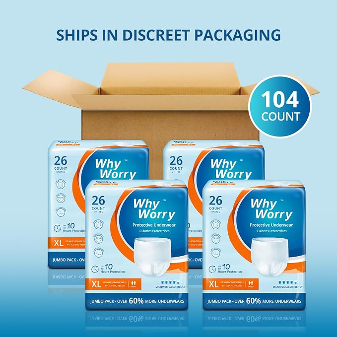 WhyWorry Incontinence Underwear for Women & Men, XLarge, 104 Count | Disposable Adult Pull Ups with Maximum Absorbency, Leakproof Adult Diaper Pants, Overnight Protection, Odor Control, Unisex