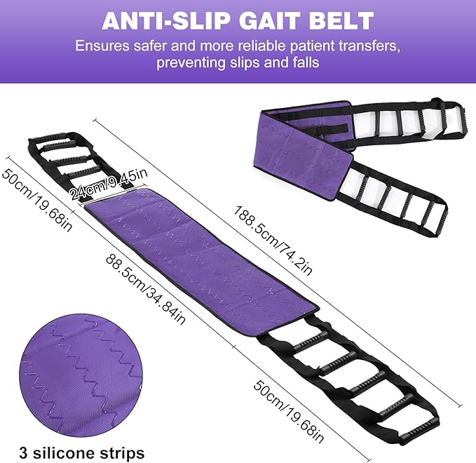 Rhino Valley Transfer Sling, Gait Belt with 10 Padded Handles, Non-Slip Nursing Transfer Belt, Safety Standing and Lifting Aid for Disabled, Elderly, Seniors, Injured, Purple+Black