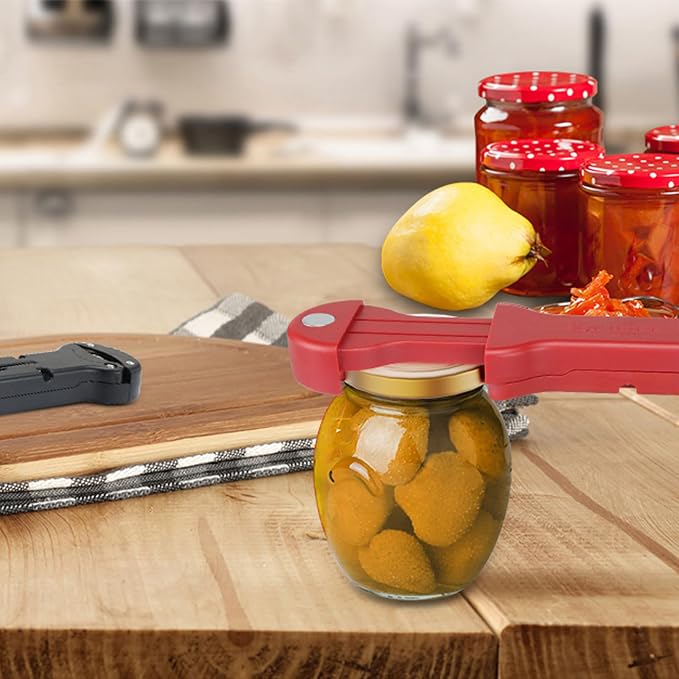 Jar Opener for Seniors with Arthritis, 7 in 1 Bottle Opener and Wine Corkscrew, Easy Grip Kitchen Gadget for Weak Hands Elderly, Retractable Jaw Lid Opener with Magnetic Storage (Red)