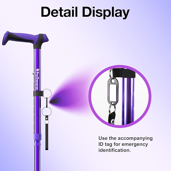 Walking Cane for Men & Women,Foldable,Adjustable,Self Standing Cane with Wrist Strap&Tag,350lbs Heavy Duty,All Terrain,Collapsible Walking Sticks for Seniors & Adults,Purple