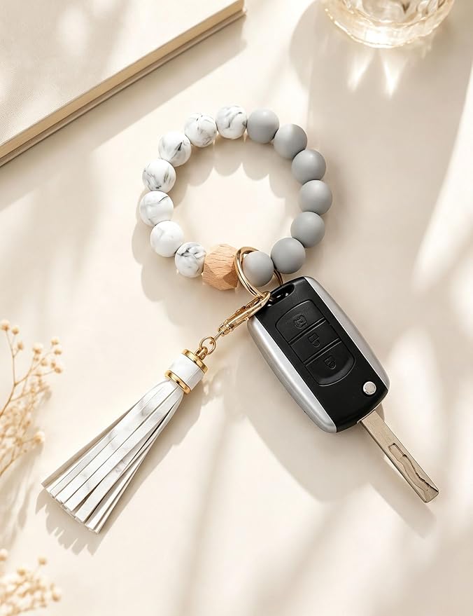 BAOSIWA Silicone Beaded Bracelet Keychain Wristlet Key Ring Bangle Chains for Women with Leather Tassel