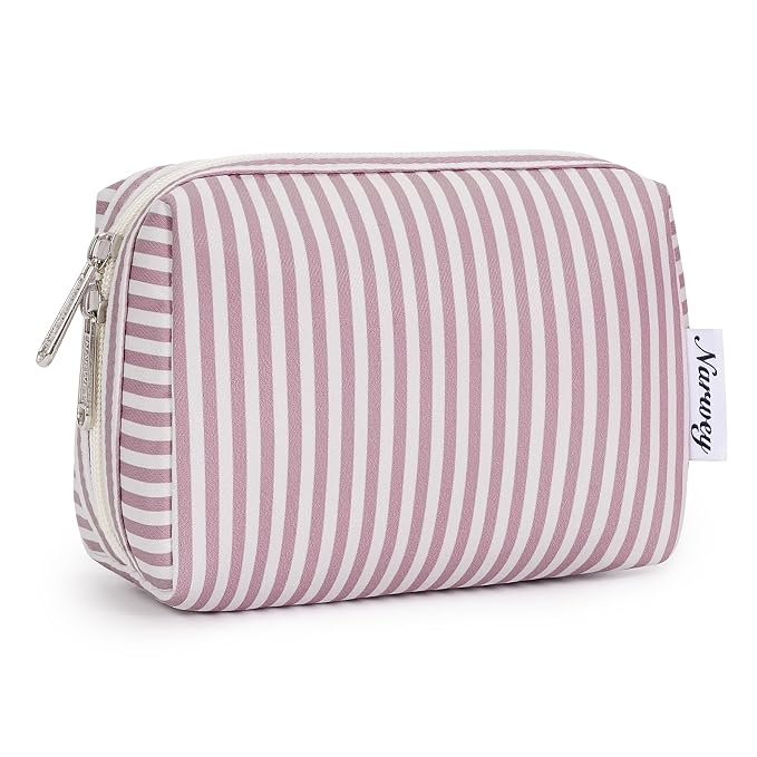 Narwey Small Striped Makeup Bag for Purse Mini Cosmetic Bag Travel Makeup Pouch Zipper Pouch Cute Make up Bags with Compartments for Women Girls (Dusty Rose Stripe, Small)