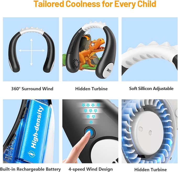Kids Neck Fan, Portable Bladeless Fans for Kid 4-14Y Girls & Boys, 2600mAh USB Personal Mini Cooling Fan for Travel/Camping/Study, 4 Speeds, Lightweight, Compact, Perfect Summer Gifts for Kids