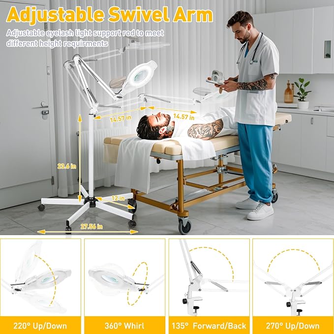 2200 Lumens Mag Lamp for Estheticians, 2-in-1 Magnifier Floor Light | 144 LED Stepless Dimmable, 10X Real Glass, 4 Wheel Rolling Stand Mag Lamp for Estheticians Facial Tattoo Craft Reading