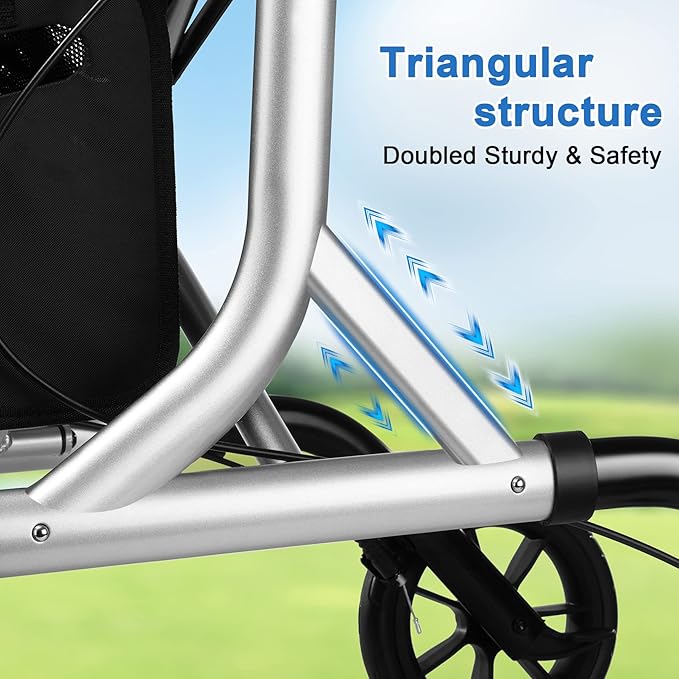 WALK MATE Rollator Walker for Seniors with Cup Holder, Upgraded Thumb Press Button for Height Adjustment, 4 x 8 Wheels Walker with Seat Padded Backrest Folding Lightweight Walking Aid, Silver
