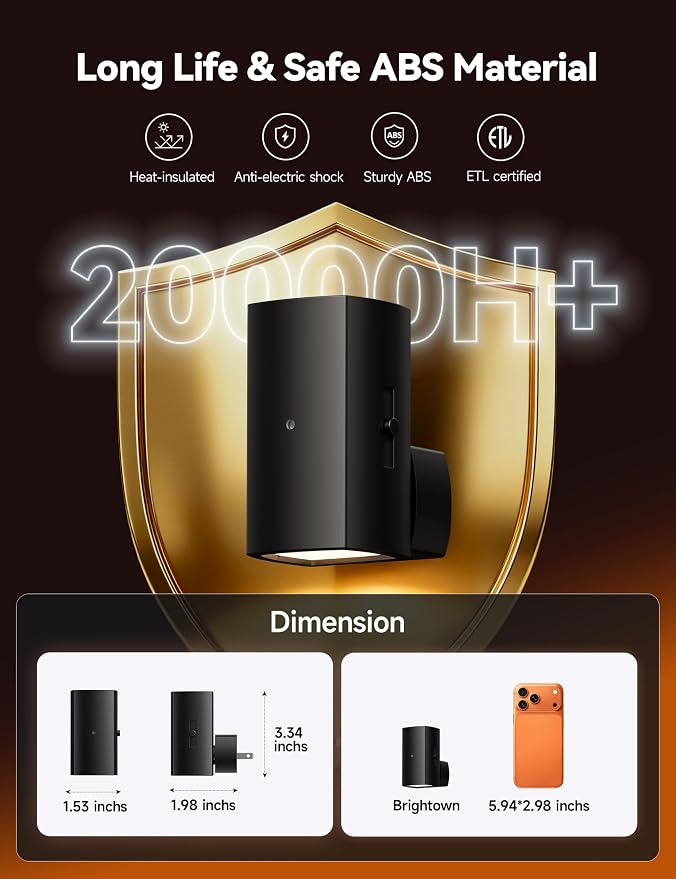 Brightown 2 Pack White Night Lights with Rotating Plug, Amber | Modern Night Light with Rotating Plug, Dusk to Dawn Sensor, 0-100LM Stepless Dimming Night Light for Hallway Bedroom Bathroom