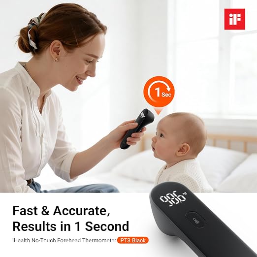 iHealth No-Touch Forehead Thermometer for Adults, Babies, Kids PT3 Black | 1s Fast Accurate, 3 Ultra-Sensitive Sensors, Quiet Vibration Feedback, Digital Large LED Digits, Use for Home & Nurses