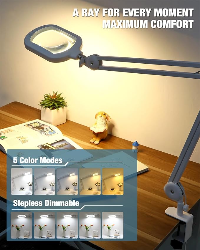 10X Magnifying Glass with Light and Stand, Large Rectangle Optical Glass Lens Floor lamp with 5 Wheels Rolling Base, 5 Color Modes LED Lighted Hands Free Magnifier for Reading Esthetician Facial Craft