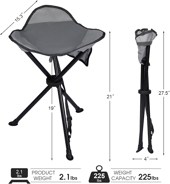 Portal Tall Folding Tripod Stool Portable Tripod Chair for Outdoor Camping | Portable Outdoor Design; Durable Construction; Easy Setup & Storage;Color: Gray