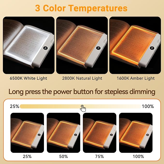 Amber Book Light, Rechargeable Clear LED Flat Reading Light with 3 Colors & Timer, Dimmable Panel Plate Lamp Book Full Page Light for Reading in Bed at Night, Funny Gifts for Readers Book Lovers