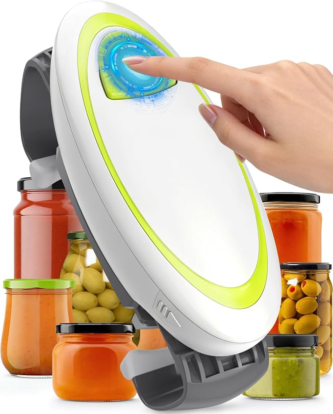 Electric Jar Opener One Button High Torque, Hands-Free Jar Opener for Weak Hands & Seniors, Battery Operated Jar Opener Kitchen Tool Fits Most Jar Sizes White+Green