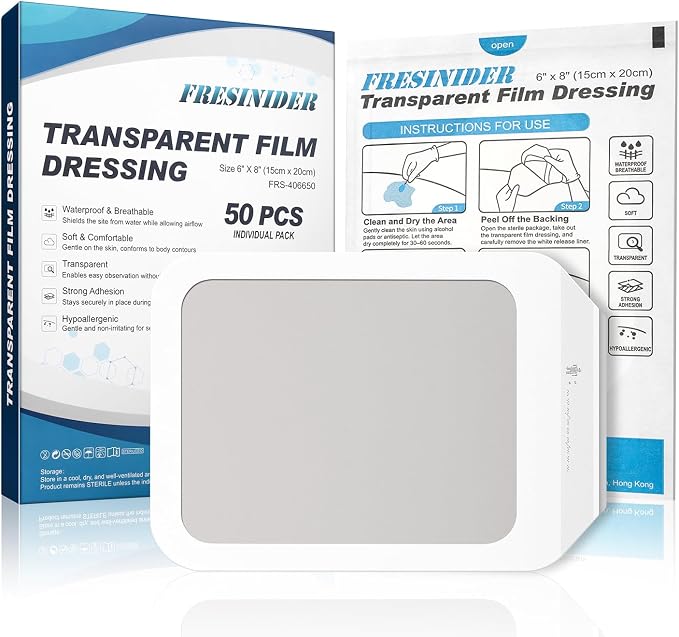 FRESINIDER Transparent Film Dressing 6” x 8” (50 Pack) – Large Waterproof Shower Bandages, Breathable Clear Wound Cover with Border for IV Shield, Post-Surgery Care & Tattoo Aftercare