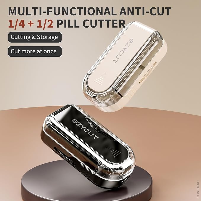 ONTERATE Pill Cutter Splitter for Small & Large Pills, Adjustable Pill Splitter with Safety Guard Hidden Stainless Steel Blade, Travel Tablet Vitamin Cutter Cutting into 1/2, 1/4 (Cream)