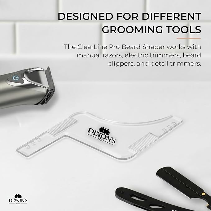 Dixon's 1737 Clear Line Pro Beard Shaper for Men – Transparent Beard Line Up Tool with Comb Edges, Beard Template for Cheek Line, Neckline and Jawline Trimming