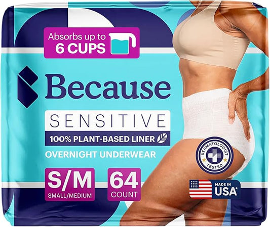 Because Adult Incontinence Underwear for Sensitive Skin - Women - Premium Overnight Disposable Briefs, Anti Odor - White, Small/Medium - Absorbs 6 Cups - 64 Count (4 Packs of 16)