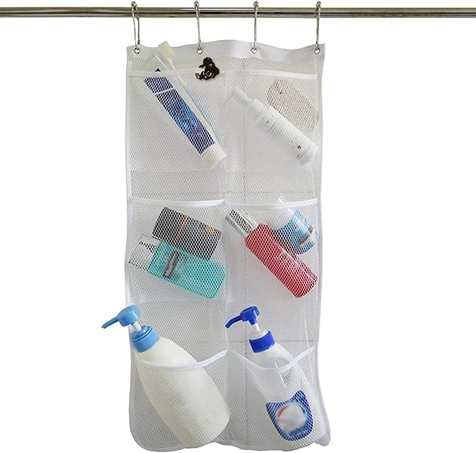 Quick Dry Mesh Pockets Fabric Bathm Hanging Mesh Pockets Shower Organizer,Shower Hanging Mesh Organizer Quick Dry Storage Bathroom Accessories with 6-Pocket, 4 Hooks