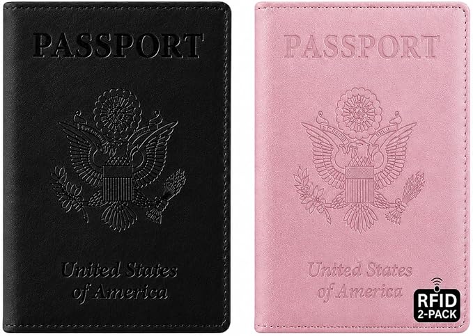 Ciana Passport Holder for Travel – PU Leather Passport Cover and Card Holder for Men & Women – Slim Passport Holder with Card Protector Slot, Travel Must Haves (Black & Pink)
