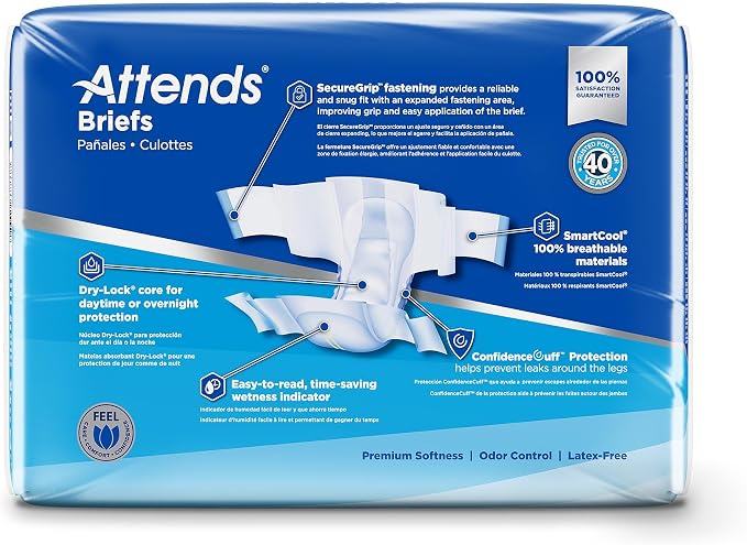 Attends Confidence® Adult Unisex Disposable SmartCool® Briefs, X-Large, 58"-63" Waist, SecureGrip Tab Closure, Ultimate Absorbency, Breathable Materials, 20ct Bag
