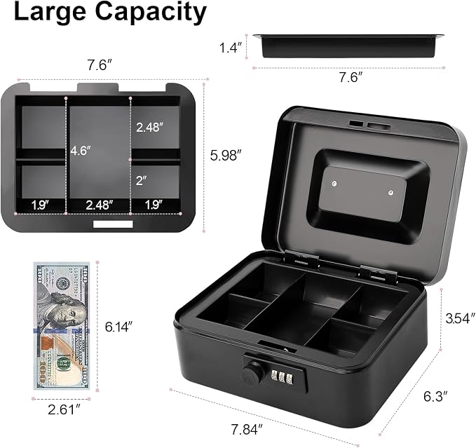 Jssmst Cash Box with Money Tray and Combination Lock - Secure Medication Lock Box for Home and Office Use, 7.87'' x 6.3'' x 3.54'' - Durable and Reliable Security Solution