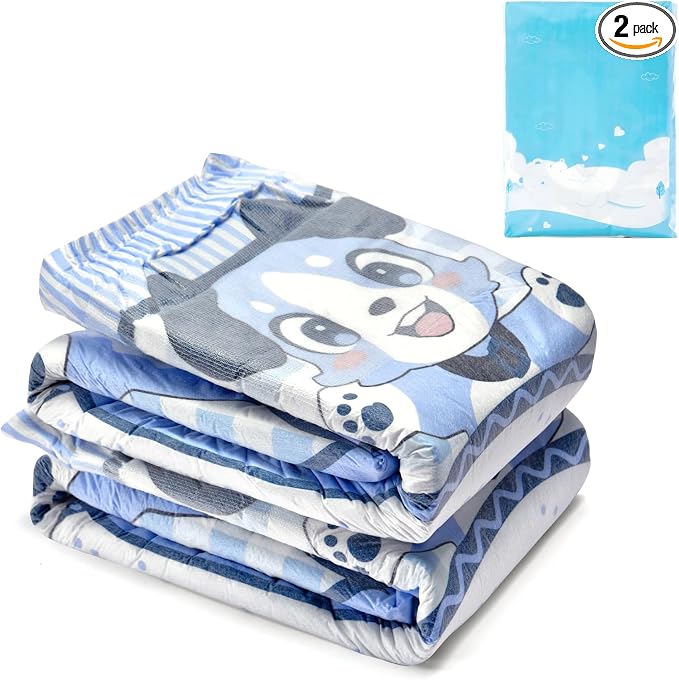 Littleforbig Adjustable Hook-and-Loop Fastener Closure Adult Printed Cloth Back Diaper 2 Pieces - Little Blue BabyFur (Large 36"-48")