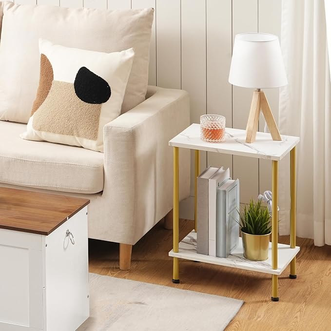 HOOBRO End Tables Set of 2, Small Side Table, Nightstand with 2-Layer Storage Shelves, Sofa Table for Small Spaces, Living Room, Bedroom, Stable Frame, Easy Assembly, Gold and Marble DM09BZP201