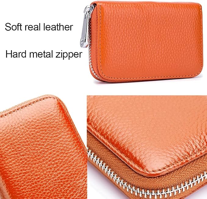 RFID Credit Card Holder Genuine Leather Credit Card Wallet with Zipper | RFID