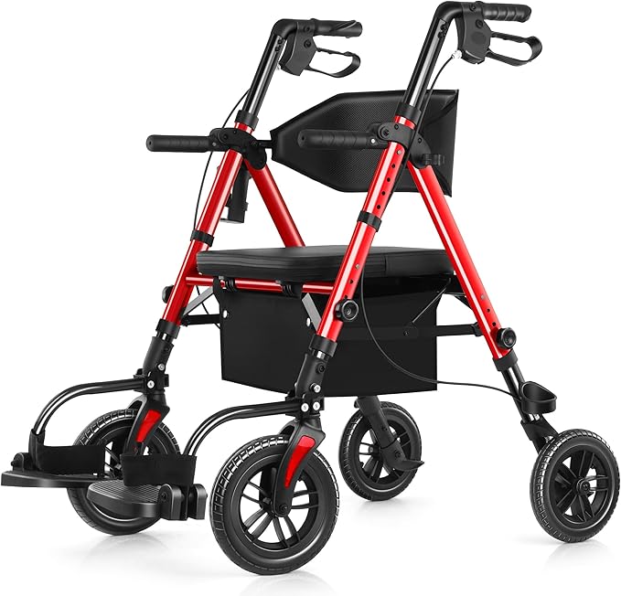 Walkers for Seniors, 2 in 1 Rollator Wheelchairs Combo 10" Big Wheels Walker with Seat, Rollator Transport Chair with Brakes Folding Rolling Walker for Adults, Red