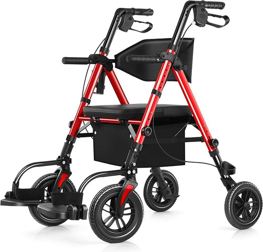Walkers for Seniors, 2 in 1 Rollator Wheelchairs Combo 10" Big Wheels Walker with Seat, Rollator Transport Chair with Brakes Folding Rolling Walker for Adults, Red