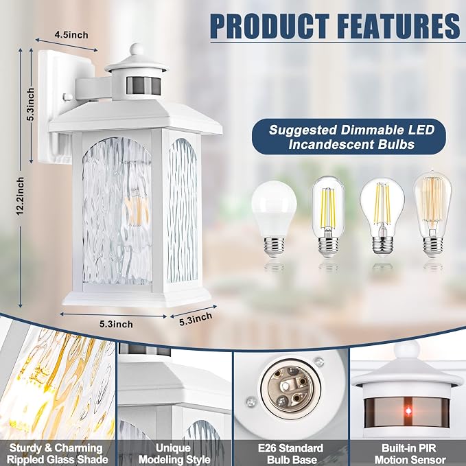 FILIYANO White Motion Sensor Outdoor Wall Lantern, Dusk to Dawn, 1 Pack | Anti-Rust, Waterproof Exterior Sconce, Outside Fixture with 3 Modes, Coastal Coach Light for Front Door, Garage, Porch, Patio
