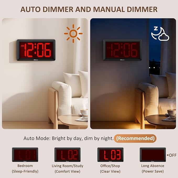 Soobest 9.5 Inch LED Digital Wall Clock Battery Operated, Auto & Manual Dimmer Display, Easy to Read Big Digits with Alarm for Seniors, Modern Decor for Living Room, Bedroom, Office (3.2" Numbers)