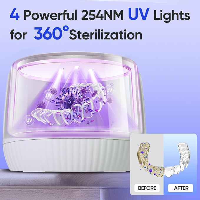 MySmile Dental Ultrasonic Retainer Cleaner Machine- 45kHz UV Denture Cleaner with 200ML Capacity for Aligner, Braces, Mouth Guard, Night Guard, Portable Dental Cleaning Pod with Digital Timer (White)