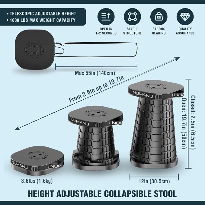 XXL Collapsible Stool, 3-in-1 Cushion + Bag, 1000 lbs, Square | Heavy-Duty Big & Tall Stool, Telescoping 2.7-19.7in, 3-in-1 Square Cushion Bag + Drink Holder; Travel, Sports, Camping
