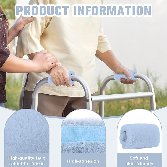 2 Pcs Walker Handle Cushions Fluffy Walker Hand Pads Universal Padded Rollator Hand Cover for Folding Rolling Wheelchair, Senior, Elderly Grippers, with 2 Extra Foam Pads(Blue)