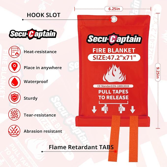 SecuCaptain Emergency Fire Blanket for Home - 2 Pack 47.2"x71" X-Large Flame Retardant Blankets with Fireproof Tabs for House Camping Kitchen Fire Protection Survival Safety