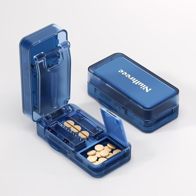 Pill Cutter - 1/2 Pill Splitter for Small Tiny Large Pills with Sealed Storage for Cutting Tablets Vitamins Medication, Portable Travel-Size for Seniors Pets (Blue)