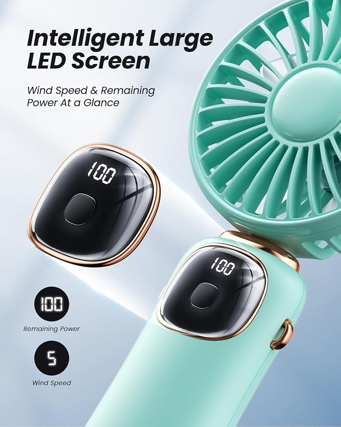 coldSky Portable Handheld Fan, 4000mAh Battery Operated Fan with LED Display, Handheld/Neck/Desk 3 in 1 Personal Small Fans, 90° Foldable Desk Fan with Base, 5 Speed Makeup Lash Fan for Women Green