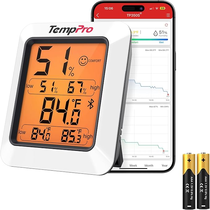 TempPro TempAir Bluetooth Hygrometer Thermometer for Greenhouse Up to 260ft | Room Indoor Thermometer Humidity Monitor, Humidity Meter Temperature Sensor with 2-Year Data Export&Large Backlit Display