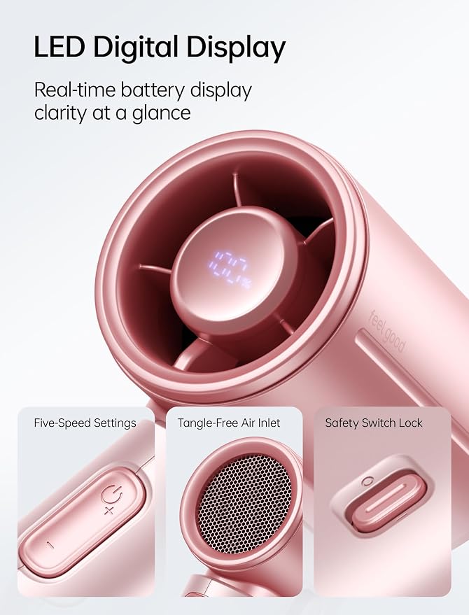 JISULIFE Handheld Fan Life9S - Sleek Chrome: Turbo Power, 22 Hours Cooling | LED Display, 5000mAh, 5-Speeds, Mini Portable Fan for Travel, Cruise, Concerts, Trendy Gifts for Women Men -Pink