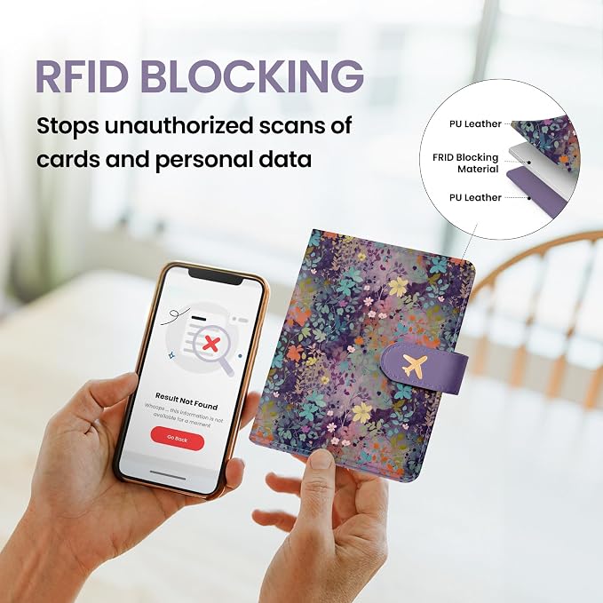 Passport Holder for Travel Essentials, RFID Blocking Leather Cover Wallet with Magnetic Closure, Aesthetic & Cute Passport Book Case for Women and Men - Violet