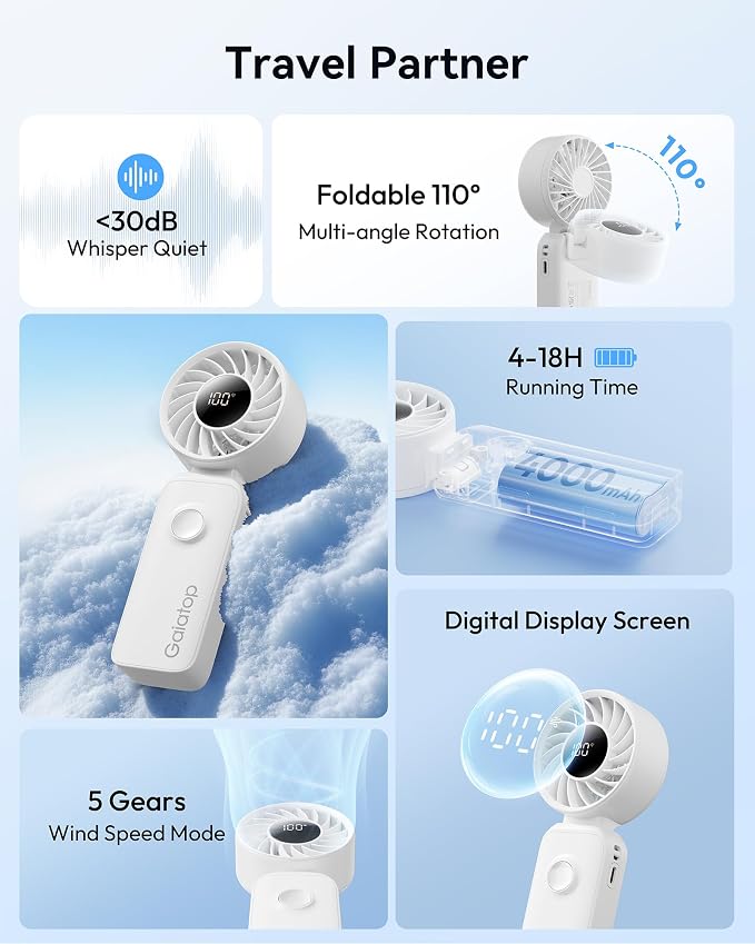 Gaiatop Portable Handheld Fan, 5 Speed Rechargeable Battery Max 18 Working Hours, 3 IN 1 Neck/Desk/Hand Fan Cooling for Travel, Beach, Women/Men Outdoor Activities Gifts - White