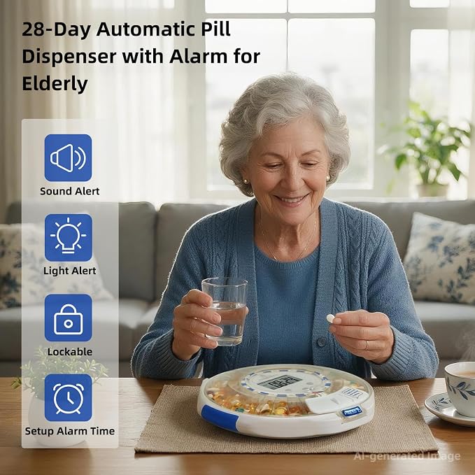 Senyerkare Automatic Pill Dispenser with Lock & Alert for Seniors/Dementia | Sound-Light Reminder, Up to 6 Alarms/Day, Medication Organizer with Clear Lid & LCD Display for Elderly, Caregivers