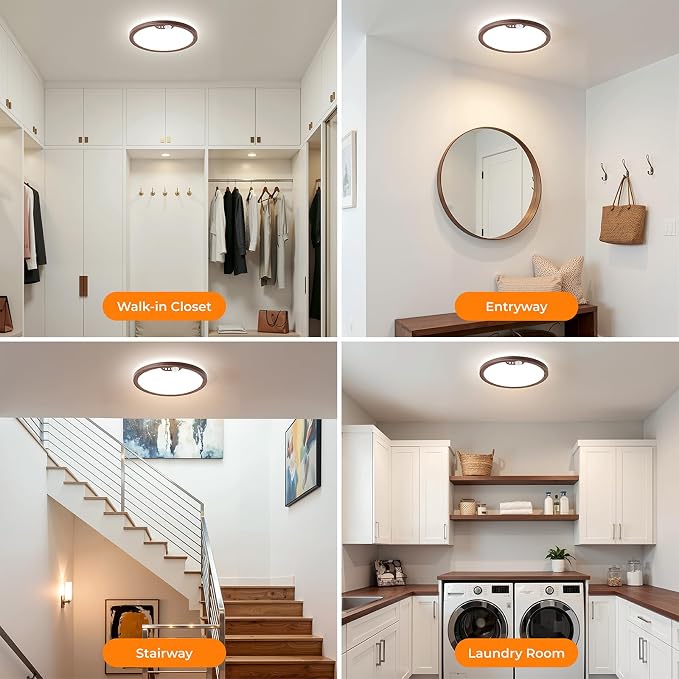 Motion Sensor Ceiling Light Wired, 8.7 Inch 3000K 4000K 5000K Selectable LED Flush Mount Light Fixture, Motion Activated Light with Timer for Hallway Stair Walk-in Closet, Non-Dimmable - Walnut